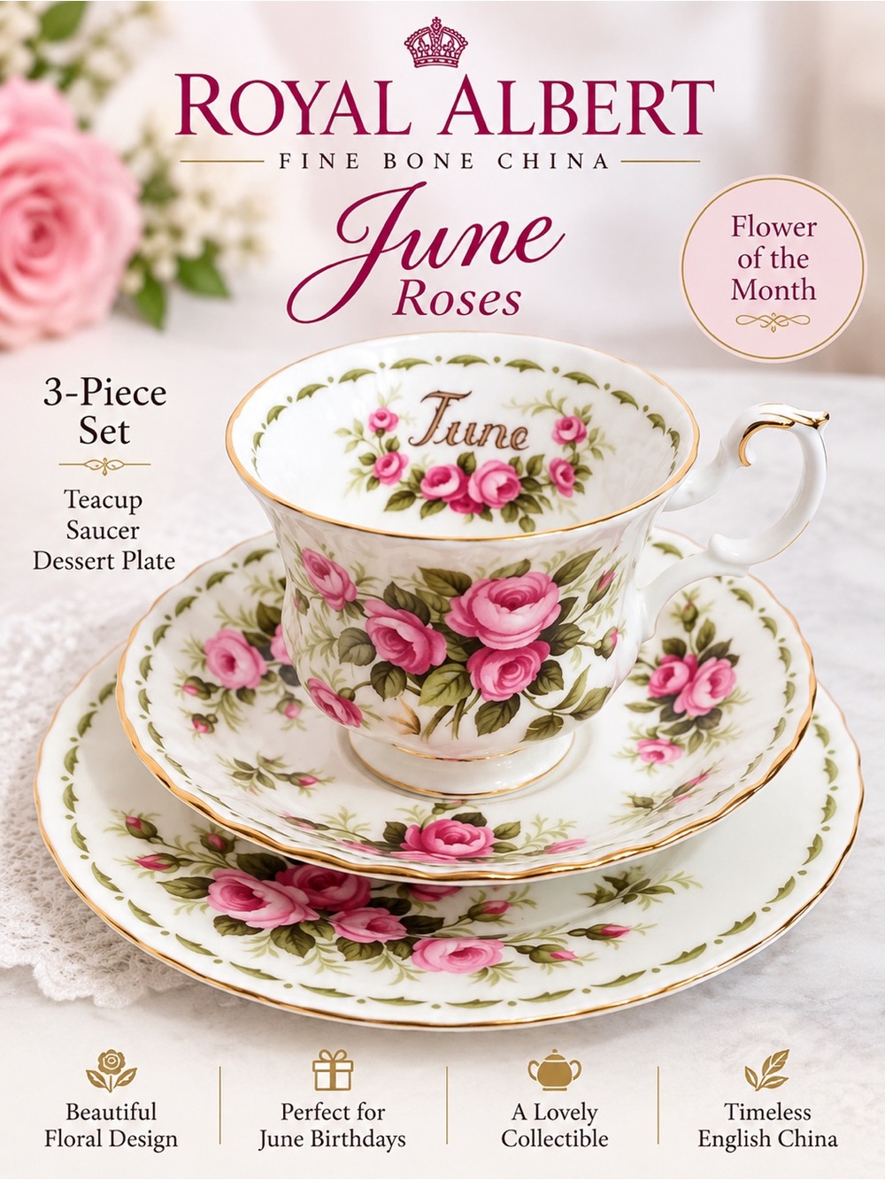 Royal Albert June “Roses | Flower of the Month 3-Piece Tea Set